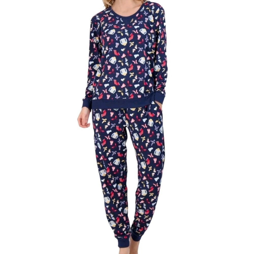 PJ Couture Women Size M Cozy Knit Long Sleeve Pajama Set Navy Hello Winter Print